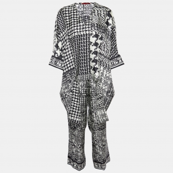 Pre Owned CH Carolina Herrera White & Black Printed Silk Oversize Top & Culottes S/M