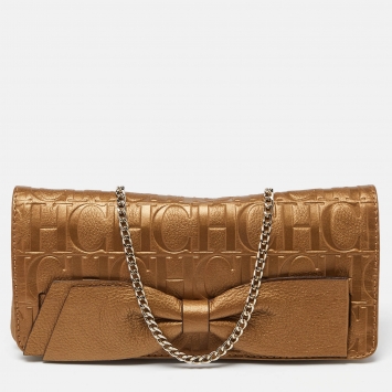 Pre Owned CH Carolina Herrera Gold Monogram Embossed Leather Bow Chain Clutch
