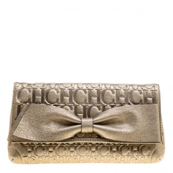Pre Owned Carolina Herrera Metallic Light Gold Leather Bow Clutch