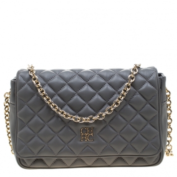 Pre Owned Carolina Herrera Grey Quilted Leather Flap Shoulder Bag