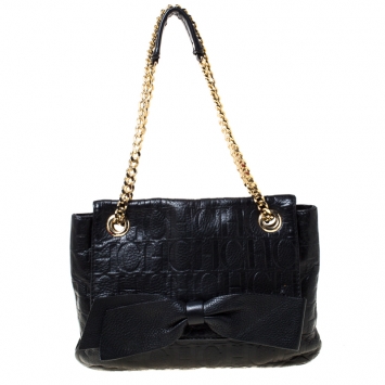 Pre Owned Carolina Herrera Black Monogram Leather Audrey Shoulder Bag
