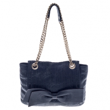Pre Owned Carolina Herrera Navy Blue Monogram Leather Audrey Shoulder Bag