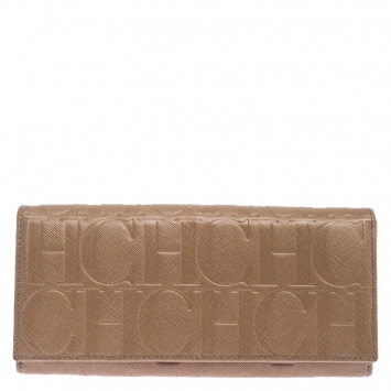 Pre Owned CH Carolina Herrera Beige Monogram Leather Continental Wallet