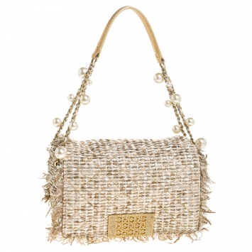 مملوكة مسبقًا Carolina Herrera Beige/Gold Tweed and Fabric Faux Pearl Embellished Shoulder Bag