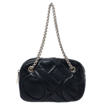 Pre Owned Carolina Herrera Black Leather Embossed Logo Camera Bag