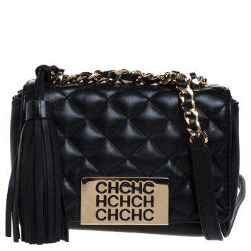 Pre Owned Carolina Herrera Black Quilted Leather Tassel Shoulder Bag