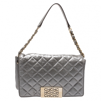 Pre Owned CH Carolina Herrera Silver Quilted Leather Flap Bag