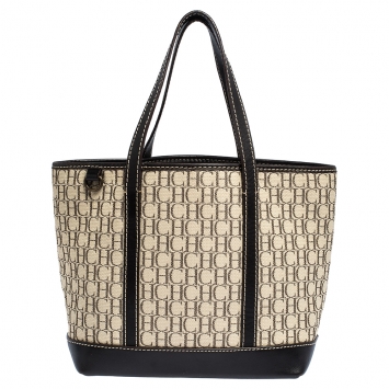 Pre Owned Carolina Herrera Beige/Brown Monogram Canvas and Leather Small Tote