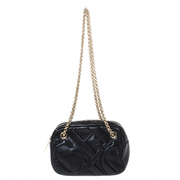 Pre Owned Carolina Herrera Black Leather Embossed Logo Camera Bag