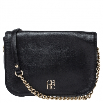 Pre Owned Carolina Herrera Black Leather Flap Shoulder Bag