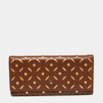 Pre Owned CH Carolina Herrera Brown/Gold Laser Cut Leather Long Trifold Wallet