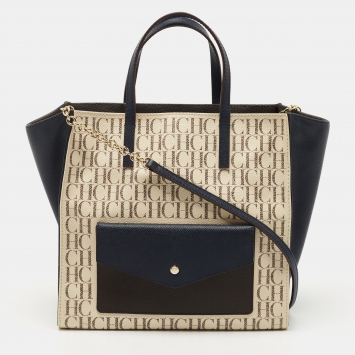 Pre Owned CH Carolina Herrera Tri Color Coated Canvas Monogram Front Pocket Tote