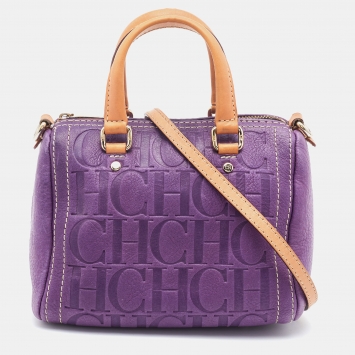 Pre Owned CH Carolina Herrera Purple Monogram Leather Andy Boston Bag