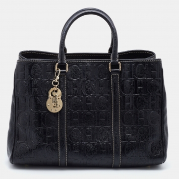 Pre Owned CH Carolina Herrera Black Monogram Embossed Leather Matteo Tote