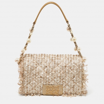 Pre Owned CH Carolina Herrera Beige Quilted Tweed and Leather Pearl Embellished Shoulder Bag