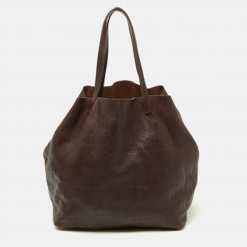 Pre Owned CH Carolina Herrera Brown Monogram Leather Matryoshka Shopper Tote