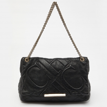 Pre Owned CH Carolina Herrera Black CH Embossed Leather Flap Chain Shoulder Bag