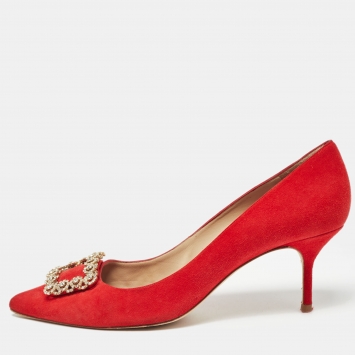 Pre Owned CH Carolina Herrera Red Suede Crystal Embellished Pumps Size 40
