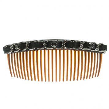Pre Owned Chanel Classic Black Leather Chain Link Hair Comb