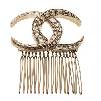 Pre Owned Chanel CC Crystal Embellished Gold Tone Hair Comb