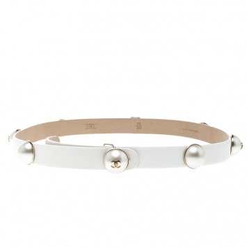 Pre Owned Chanel White Leather Pearl Embellished Belt 75cm