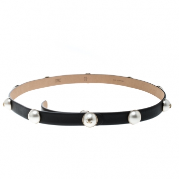 Pre Owned Chanel Black  Leather Pearl Embellished Belt 90 cm