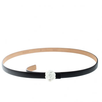Pre Owned Chanel Black Leather Camellia Skinny Belt 95cm