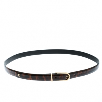 Pre Owned Chanel Brown Leopard Print Patent Leather Skinny CC Belt Size 80 CM