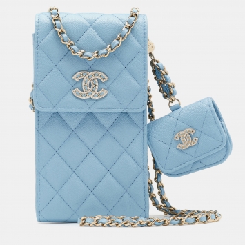 Pre Owned Chanel Light Blue Caviar Quilted Leather Crystal CC Flap Chain Phone Case