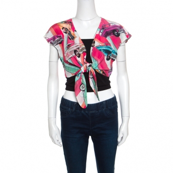 Pre Owned Chanel Multicolor Car Printed Silk Tie Front Cropped Top S