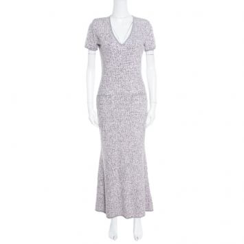 Pre Owned Chanel Pink And Grey Striped Textured Knit Angora Silk Embellished Dress S