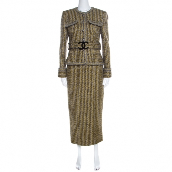 Pre Owned Chanel Yellow and Grey Fantasy Tweed Belted Blazer and Dress Set M
