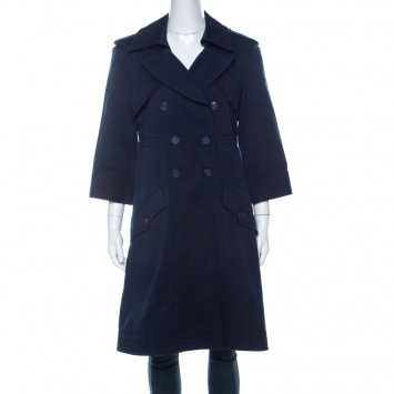 Pre Owned Chanel Indigo Blue Cotton Double Breasted Trench Coat L