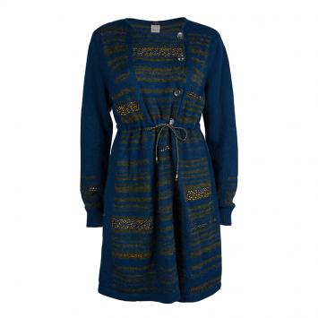 Pre Owned Chanel Blue Striped Cashmere Double Breasted Studded Sweater Dress L