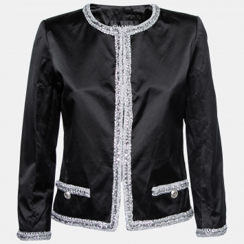 Pre Owned Chanel Black Silk Contrast Trimmed Long Sleeve Jacket M