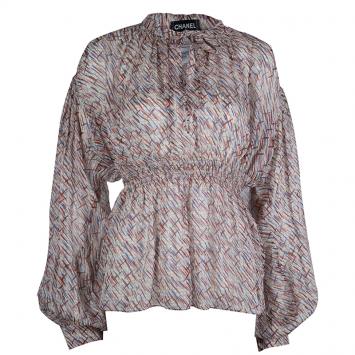 Pre Owned Chanel Multicolor Printed Smocked Waist Long Sleeve Silk Blouse M