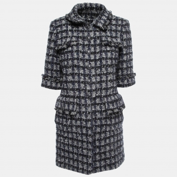 Pre Owned Chanel Navy Blue Cashmere Blend Tweed Button Front Jacket L