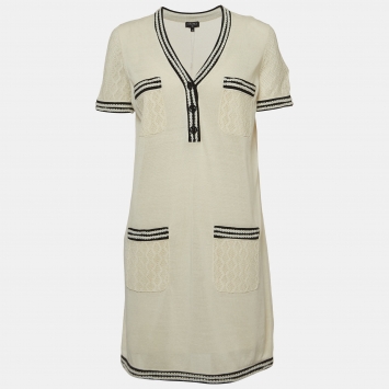 Pre Owned Chanel White/Black Knit Pocket Detail Mini Dress M