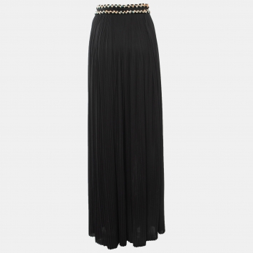 Pre Owned Chanel Black Crepe Tweed Trim Pleated Palazzo Pants S