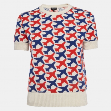 Pre Owned Chanel Off White Airplane Patterned Cashmere Knit Sweater M