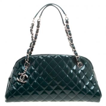 Pre Owned Chanel Green Quilted Patent Leather Medium Just Mademoiselle Bowling Bag