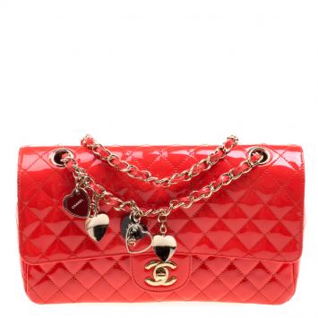 Pre Owned Chanel Neon Red Quilted Patent Leather Medium Limited Edition Valentine Classic Single Flap Bag