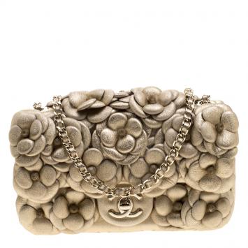 Pre Owned Chanel Gold Camellia Quilted Leather Mini Classic Flap Bag