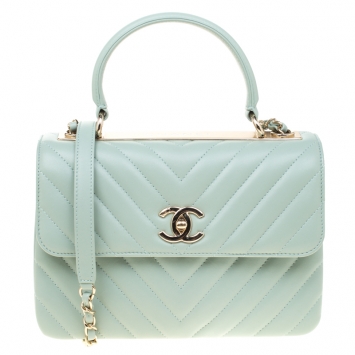 Pre Owned Chanel Mint Green Chevron Quilted Leather Top Handle Bag