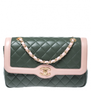 Pre Owned Chanel Green/Pink Quilted Lambskin Leather Medium Single Flap Bag
