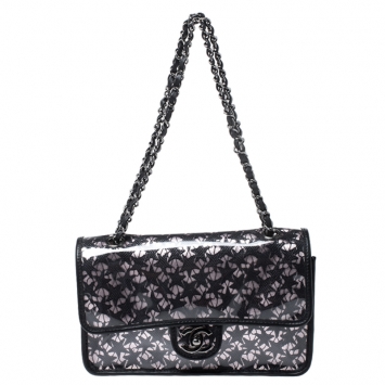 Pre Owned Chanel Black/Pink PVC Over Lace Medium Classic Single Flap Bag