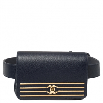 Pre Owned Chanel Navy Blue Caviar Leather Captain Gold Waist Bag