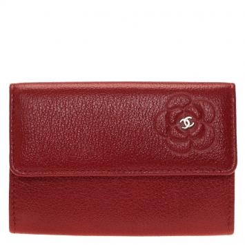 Pre Owned Chanel Red Camellia Embossed Leather Coin Purse