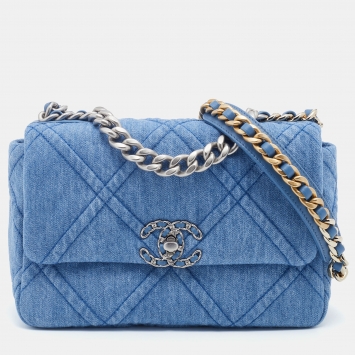 Pre Owned Chanel Blue Quilted Denim Medium 19 Flap Bag