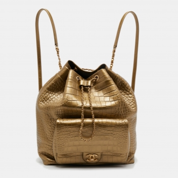 Pre Owned Chanel Gold Croc Embossed Leather Drawstring Backpack